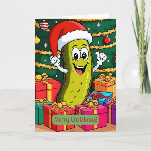 Weihnachts-Pickle Cartoon-Charakter präsentiert Dankeskarte (Vorderseite)