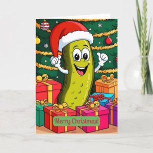 Weihnachts-Pickle Cartoon-Charakter präsentiert Dankeskarte