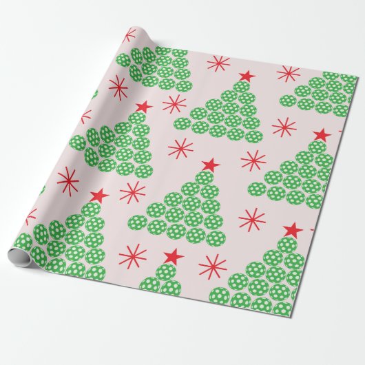 Weihnachts-Pickleball-Baum mit Sternenmuster Geschenkpapier (Ungerollt)