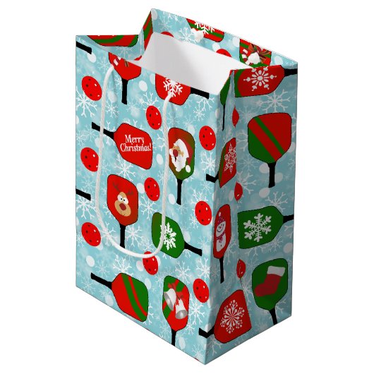 Weihnachts-Pickleball Rote grüne Schneeflocken Bla Mittlere Geschenktüte (Vorderseite Schrägansicht)
