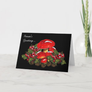 Weihnachts Pilze auf Schwarz, Schnee, Holly, Kiefe Feiertagskarte