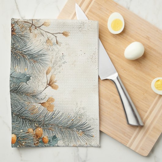 Weihnachts-Pine Cones Holly Gold Ornamente Geschirrtuch (Viertel Falte)