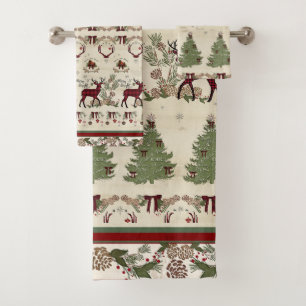 Weihnachts Pine Forest Deer Antlers Merry n Bright Badhandtuch Set