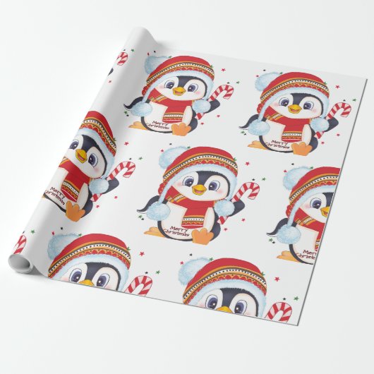 Weihnachts-Pinguin mit einer Candy Cane Geschenkpapier (Ungerollt)