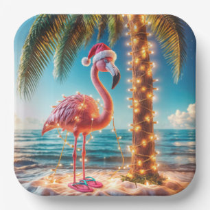 Weihnachts-Pink-Flamingo in verworrenen Lichtern Pappteller