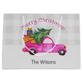 Weihnachts-Pink-LKW mit Baum und Wünschen Große Geschenktüte (Vorderseite)