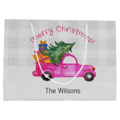 Weihnachts-Pink-LKW mit Baum und Wünschen Große Geschenktüte (Rückseite)
