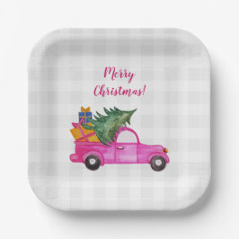 Weihnachts-Pink-LKW mit Baum und Wünschen Pappteller