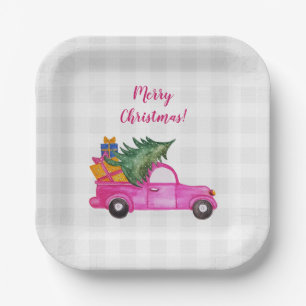Weihnachts-Pink-LKW mit Baum und Wünschen Pappteller