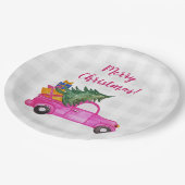 Weihnachts-Pink-LKW mit Baum und Wünschen Pappteller (Schrägansicht)