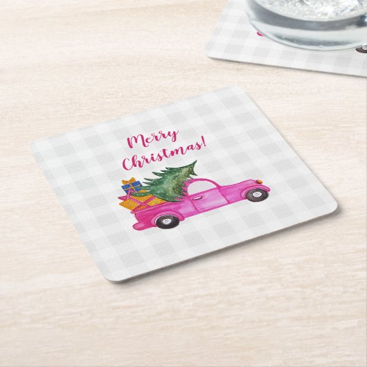 Weihnachts-Pink-LKW mit Baum und Wünschen Rechteckiger Pappuntersetzer (angewinkelt)