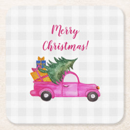 Weihnachts-Pink-LKW mit Baum und Wünschen Rechteckiger Pappuntersetzer