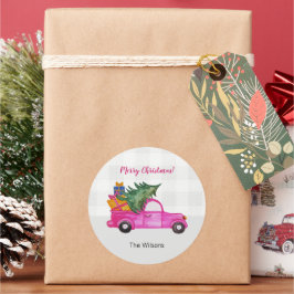Weihnachts-Pink-LKW mit Baum und Wünschen Runder Aufkleber