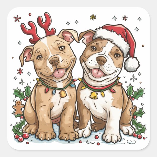 Weihnachts-Pit Bull-Hunde Quadratischer Aufkleber (Vorderseite)