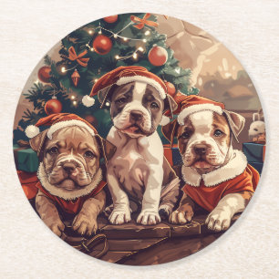 Weihnachts-Pit-Bull-Welpen Runder Pappuntersetzer