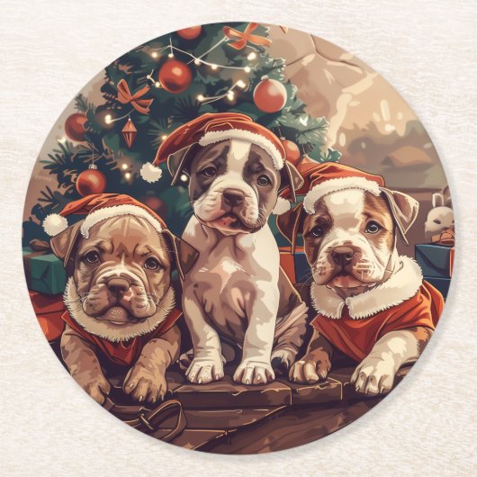 Weihnachts-Pit-Bull-Welpen Runder Pappuntersetzer (Vorderseite)
