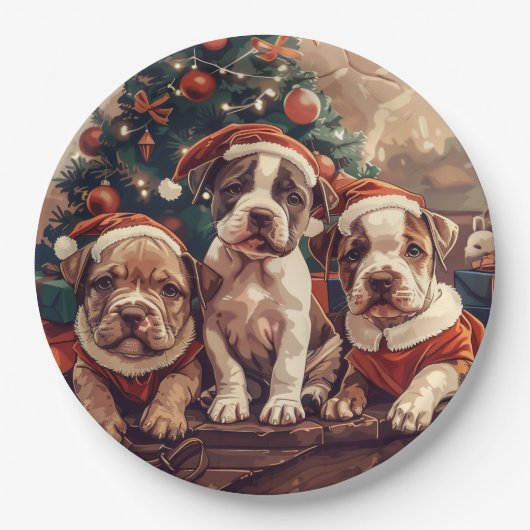 Weihnachts-Pitbull-Welpen Pappteller (Vorderseite)