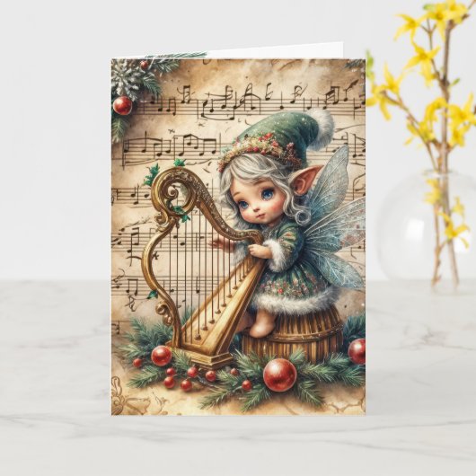 Weihnachts-Pixie-Fairy spielt Harfe Karte (Gelbe Blume)
