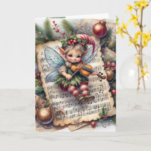 Weihnachts-Pixie-Fairy Violin Karte (Gelbe Blume)