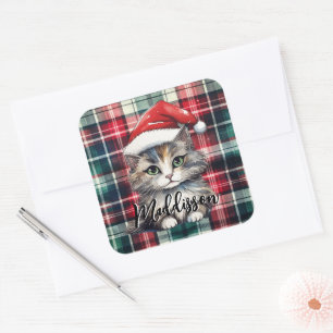 Weihnachts-Plaid-Santa-Katze mit Namen Quadratischer Aufkleber