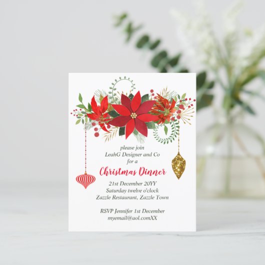 Weihnachts-Poinsettia-Abendessen Einladungen Red G (Stehend Vorderseite)