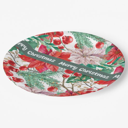 Weihnachts-Poinsettia-Design-Teller Pappteller (Schrägansicht)