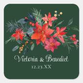 Weihnachts-Poinsettia Elegant Blumengrün Hochzeit Quadratischer Aufkleber (Vorderseite)