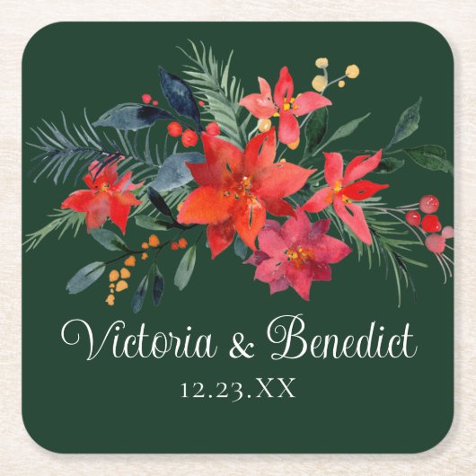 Weihnachts-Poinsettia Elegant Blumengrün Hochzeit Rechteckiger Pappuntersetzer (Vorderseite)