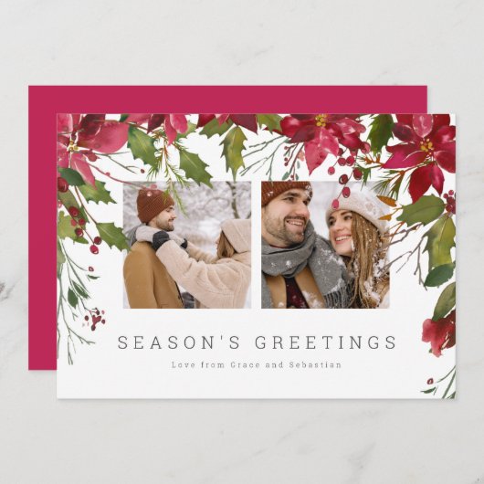 Weihnachts-Poinsettia-Foto Personalisiert Feiertagskarte (Vorne/Hinten)