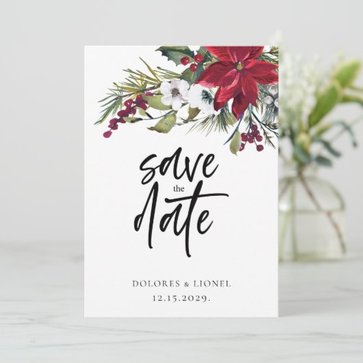 Weihnachts-Poinsettia-Hochzeit Speichern Sie das D Save The Date (Stehend Vorderseite)