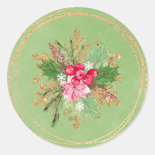 Weihnachts Poinsettia Red Berry Gold Wedding Runder Aufkleber (Vorderseite)