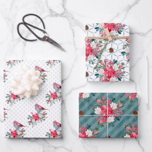 Weihnachts-Poinsettia und Kardinal Rot Geschenkpapier Set (Vorderseite)