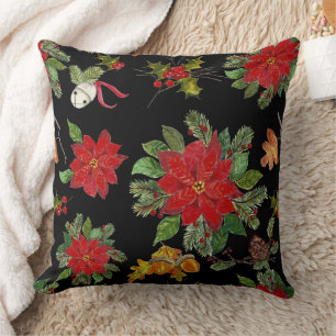 Weihnachts-Poinsettia und Silberglocken Kissen