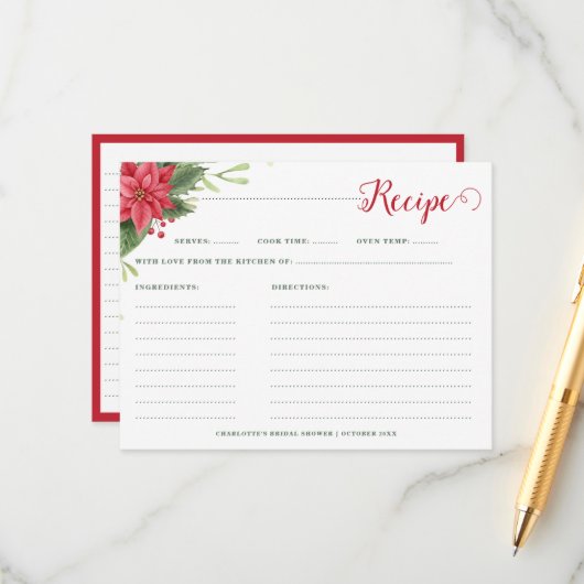 Weihnachts-Poinsettia Winter-Brautparty Rezept Begleitkarte (Vorderseite/Rückseite Beispiel)