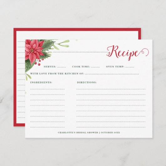 Weihnachts-Poinsettia Winter-Brautparty Rezept Begleitkarte (Vorne/Hinten)
