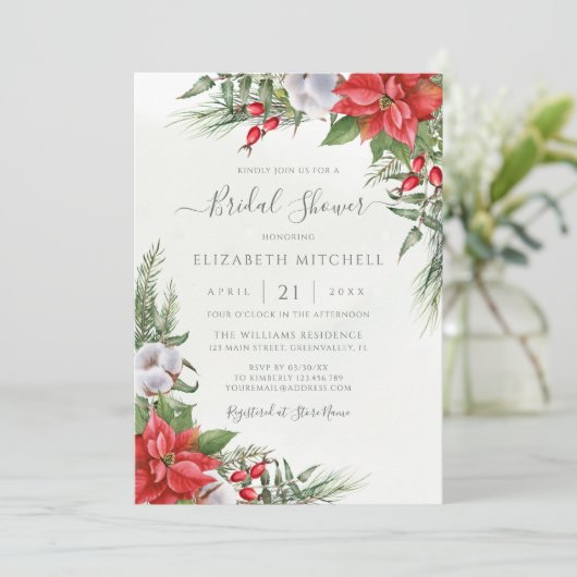 Weihnachts-Poinsettia Winter Grüne Brautparty Einladung (Stehend Vorderseite)