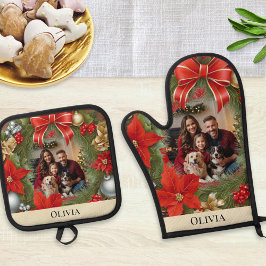 Weihnachts-Poinsettia Wreath Elegantes Foto Ofenhandschuh & Topflappen-Set