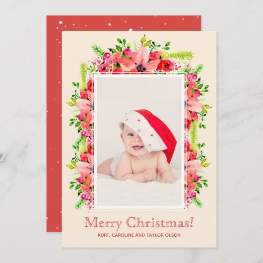 Weihnachts-Poinsettias-Foto Geburtshinweise Feiertagskarte (Vorne/Hinten)