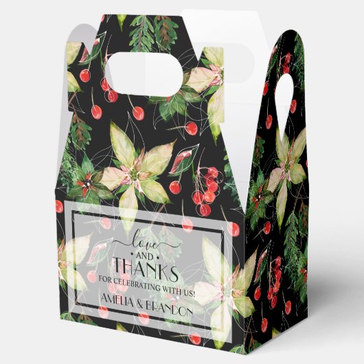 Weihnachts-Poinsettias und Berries auf Schwarz Geschenkschachtel (Geöffnet)