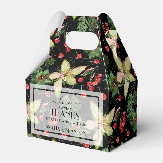 Weihnachts-Poinsettias und Berries auf Schwarz Geschenkschachtel (Vorderseite)