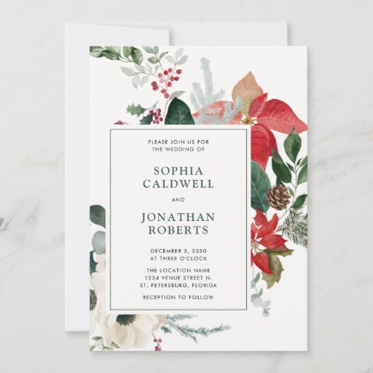 Weihnachts-Poinsettias und Grüne QR Code Hochzeit Einladung (Vorderseite)