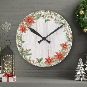 Weihnachts-Poinsettie Botanisches Laubwerk Runde Wanduhr