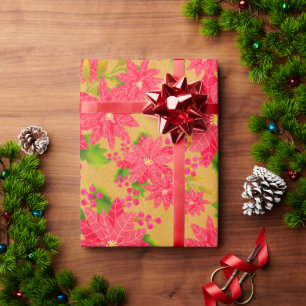 Weihnachts-Poinsettie Gold Orange Geschenkpapier