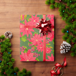 Weihnachts-Poinsettie Grün Geschenkpapier