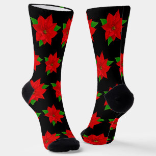 Weihnachts-Poinsettien-Blumen auf Schwarz Socken