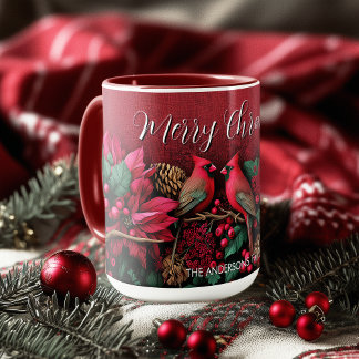 Weihnachts-Pointessia-Blumen-Kardinäle-Vögel-Name Tasse