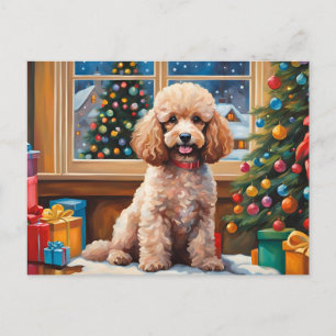 Weihnachts-Poodle mit Geschenken und Weihnachtsbau Feiertagspostkarte