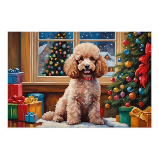 Weihnachts-Poodle mit Geschenken und Weihnachtsbau Poster (Vorderseite)