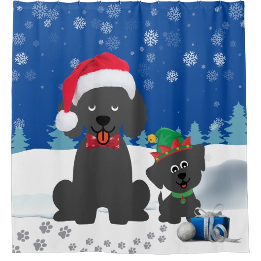 Weihnachts-Poodle und Welpe im Schnee Duschvorhang (Vorderseite)