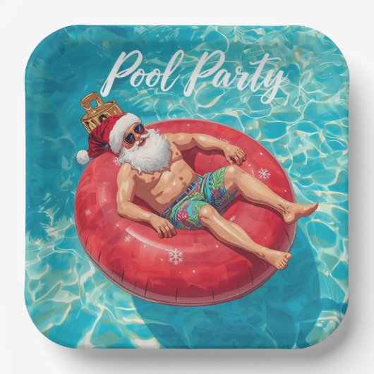 Weihnachts-Poolparty Weihnachtsmann im Pool Pappteller (Vorderseite)
